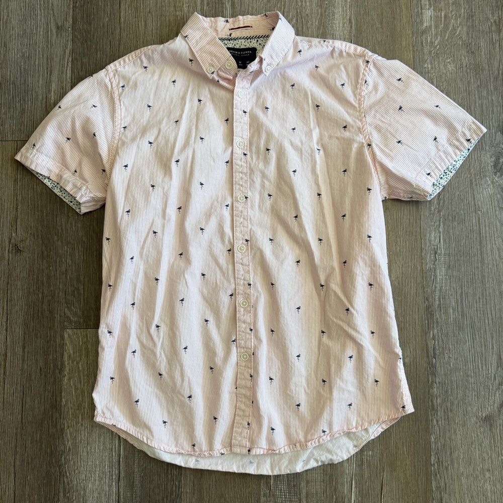 Denim & Flower Men's Button Down Short Sleeve Pink/White Stripes w/ Flamingos